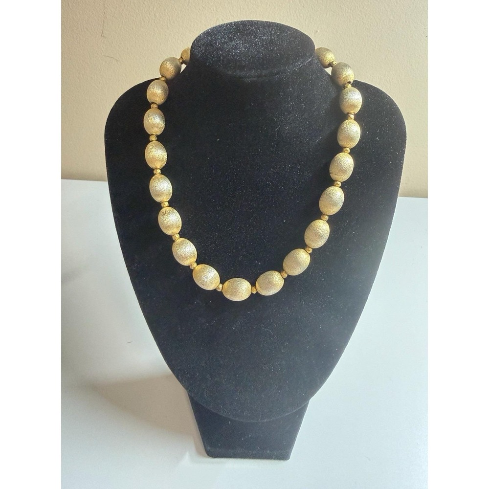 Vtg Trifari Brushed Goldtone Oval Ball Bead Necklace Foldover Clasp Signed